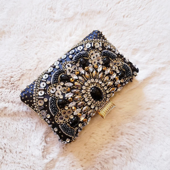 Women's Evening Bag Diamonds Party Prom Clutch Purse Floral Bride Black Handbag - Picture 9 of 13